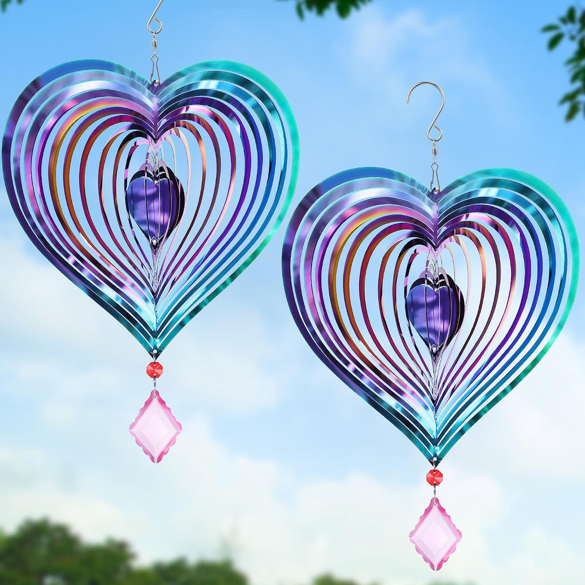 Saillong purple 3D heart wind spinners with hanging crystals, product photo 1