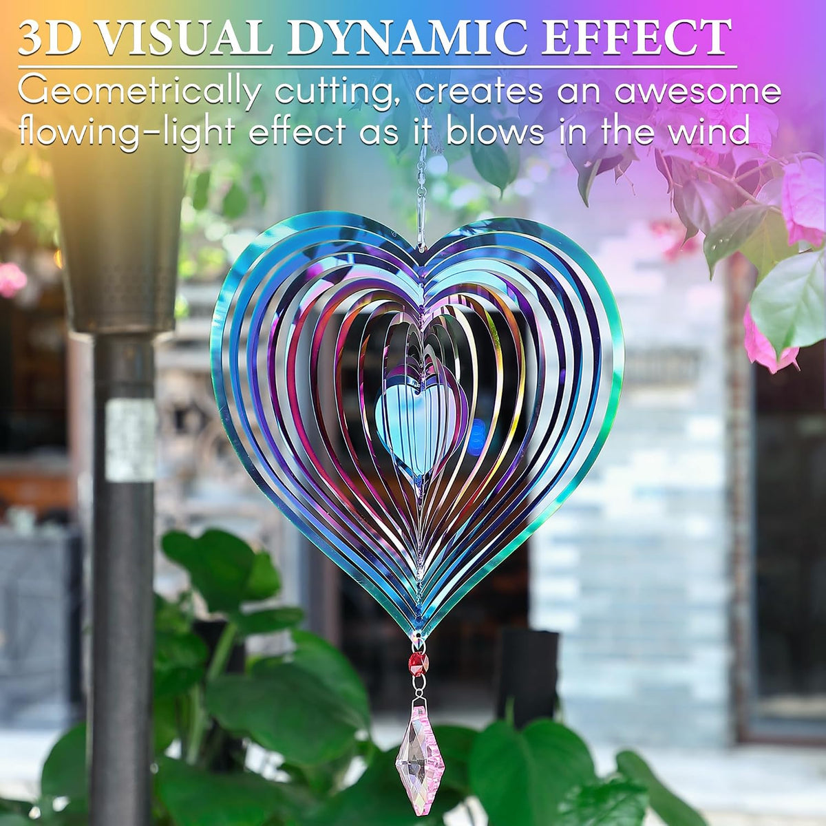 Saillong purple 3D heart wind spinners with hanging crystals, product photo 3