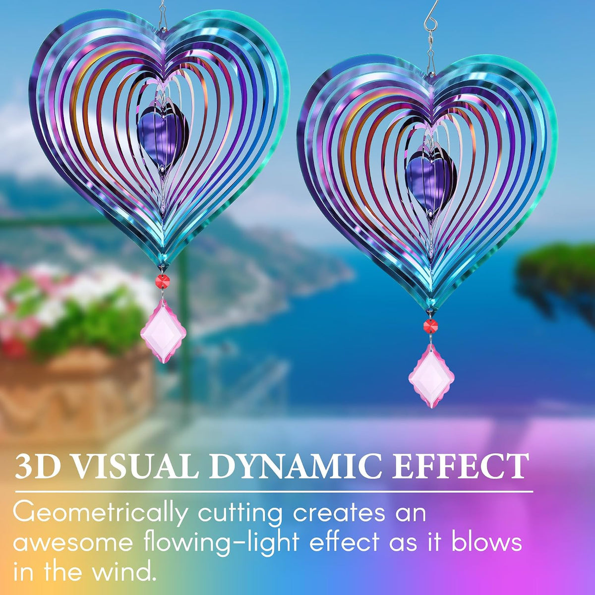 Saillong purple 3D heart wind spinners with hanging crystals, product photo 5